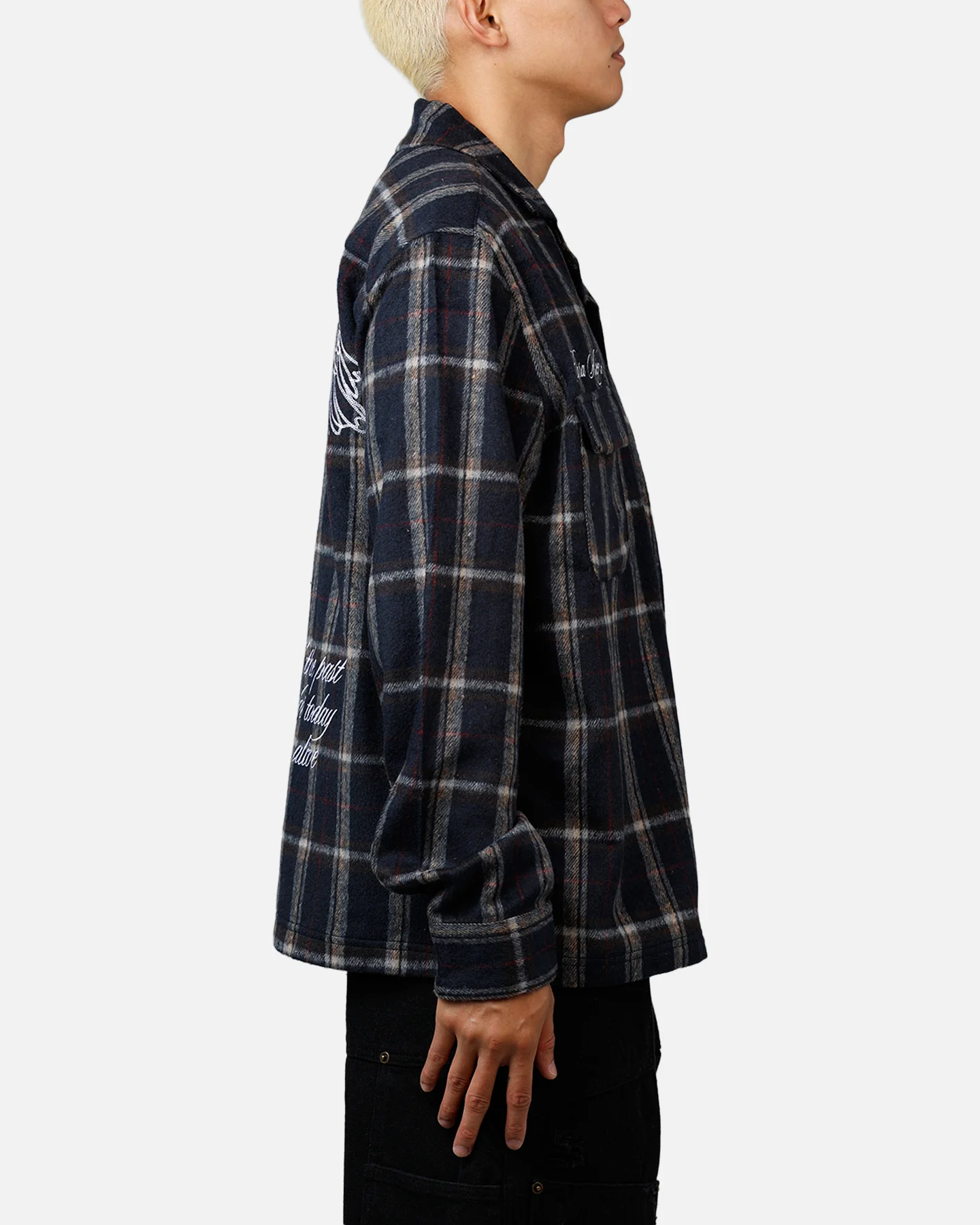 Sworn To Us Lotus Angel Flannel Button Up Shirt Navy - Image 4
