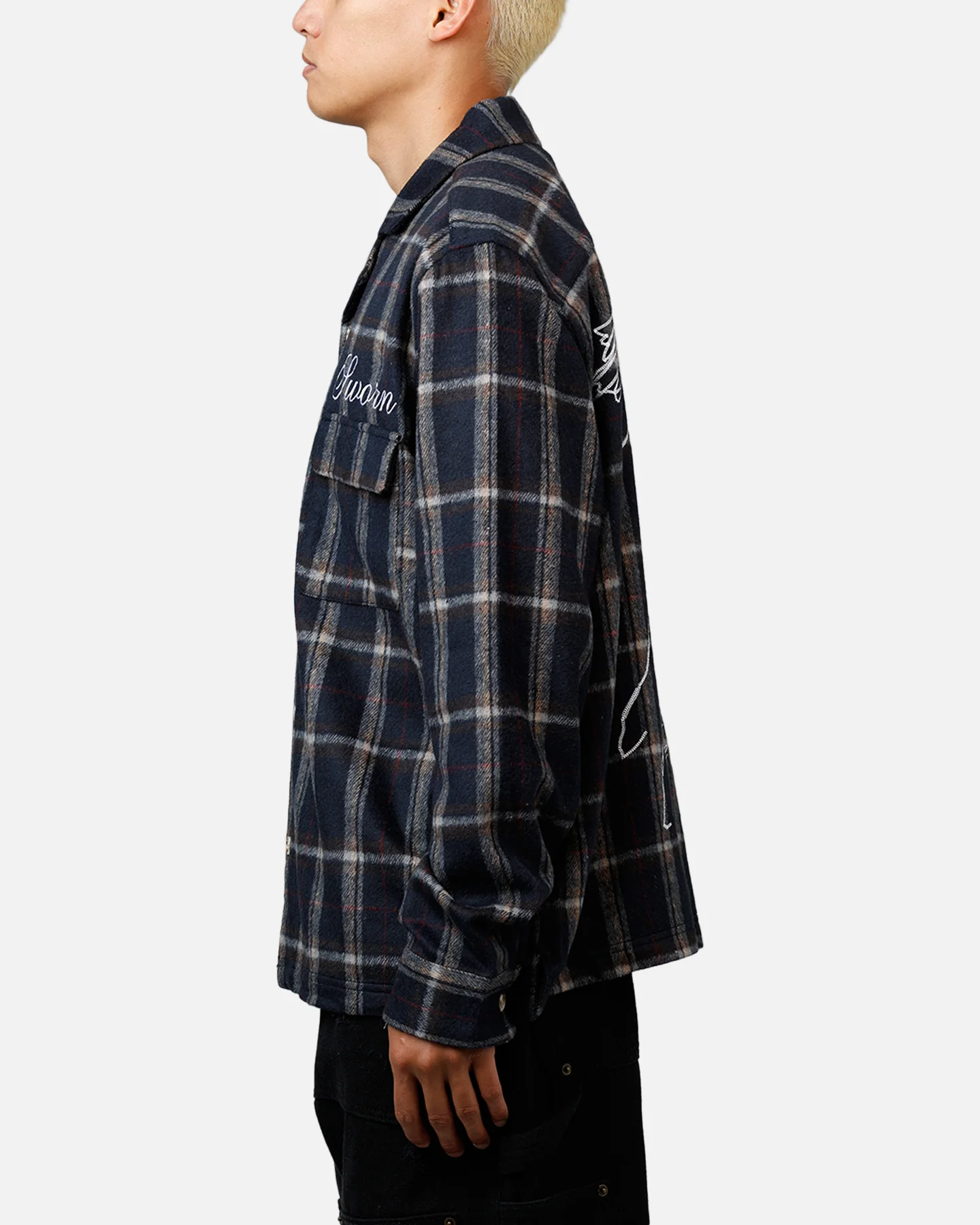 Sworn To Us Lotus Angel Flannel Button Up Shirt Navy - Image 5
