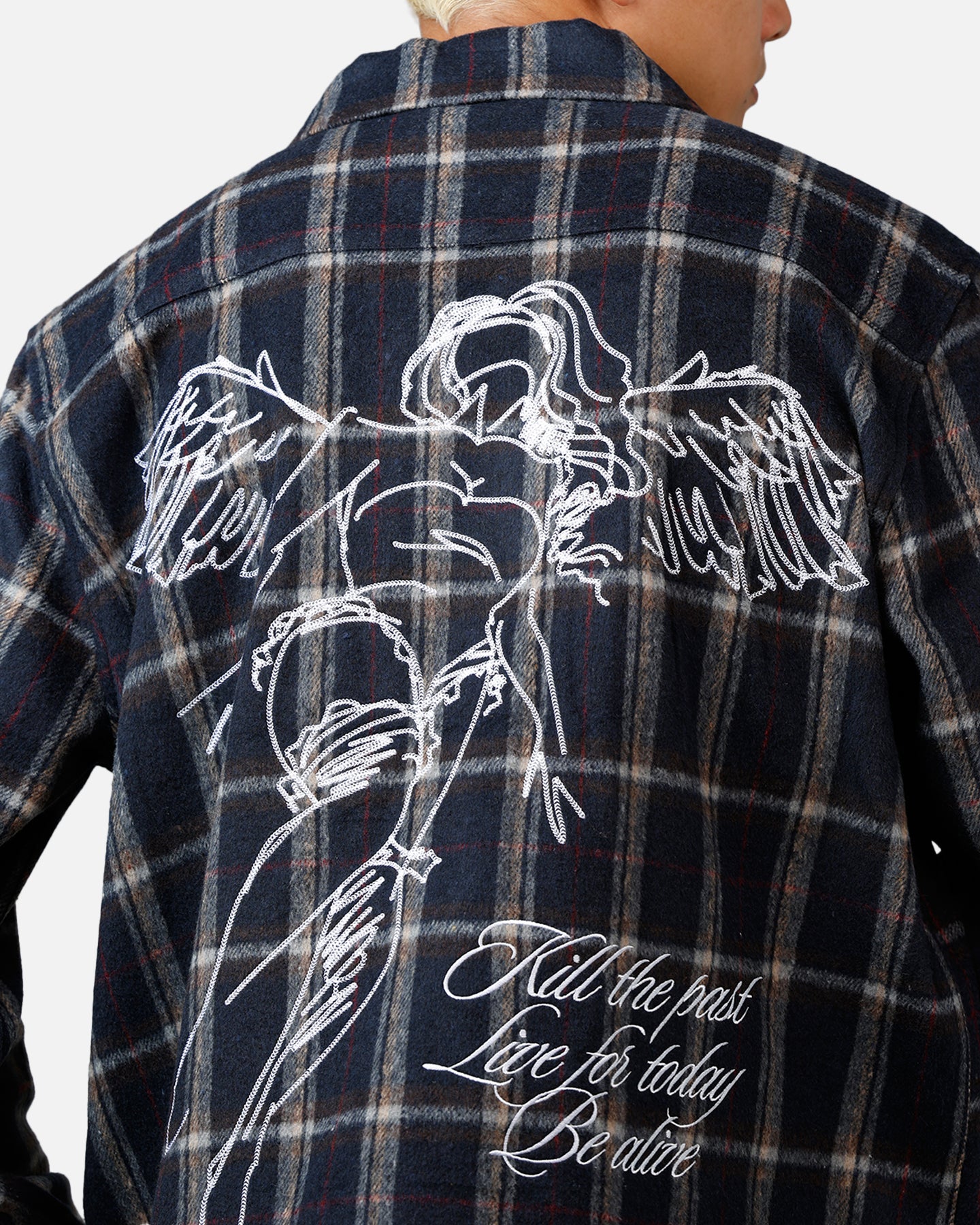 Sworn To Us Lotus Angel Flannel Button Up Shirt Navy - Image 9