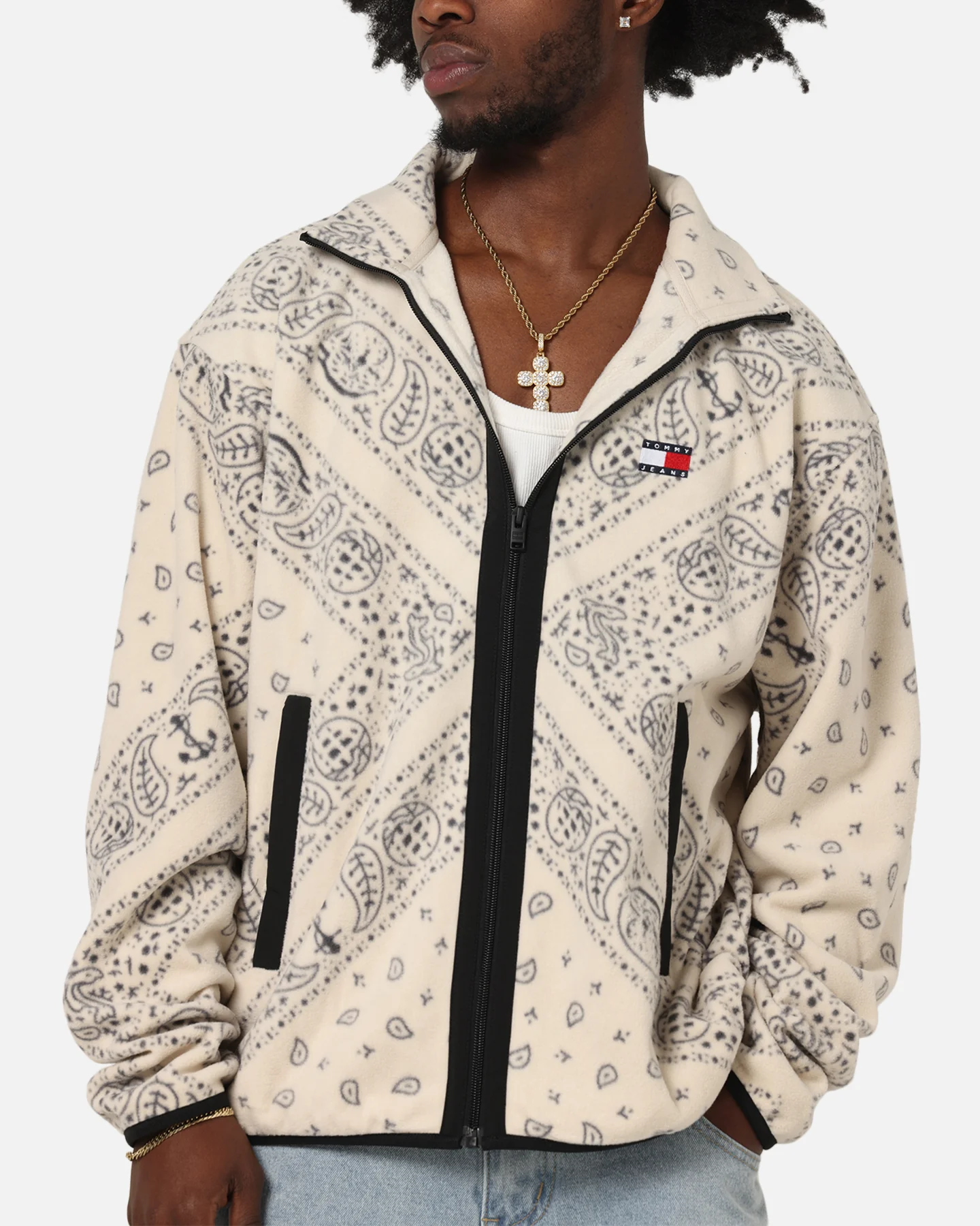 Tommy Jeans Relaxed Zip Paisley Fleece Jacket Newsprint - Image 7