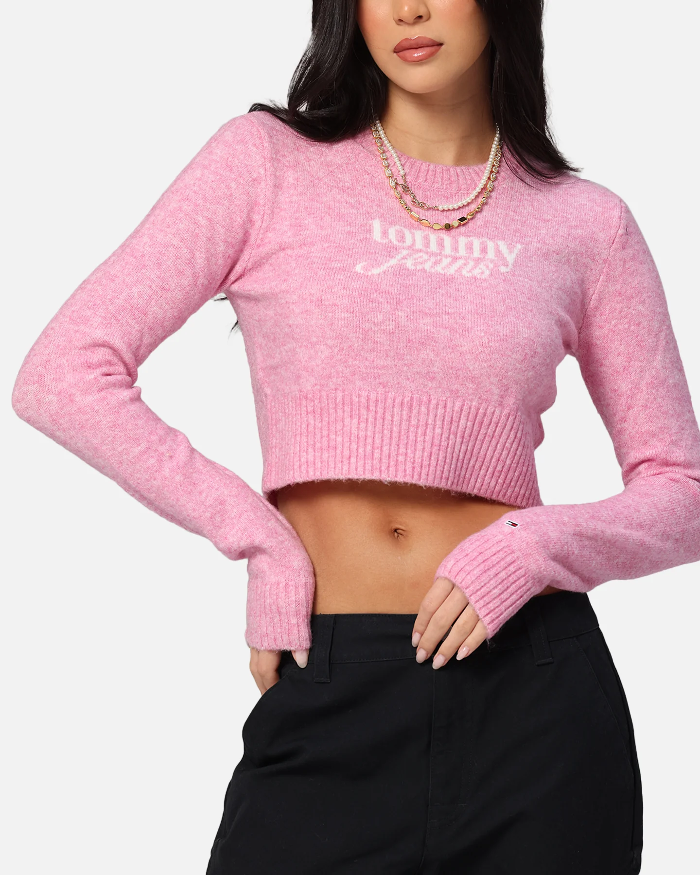 Tommy Jeans Women's Crop Script Sweater Pink - Image 6