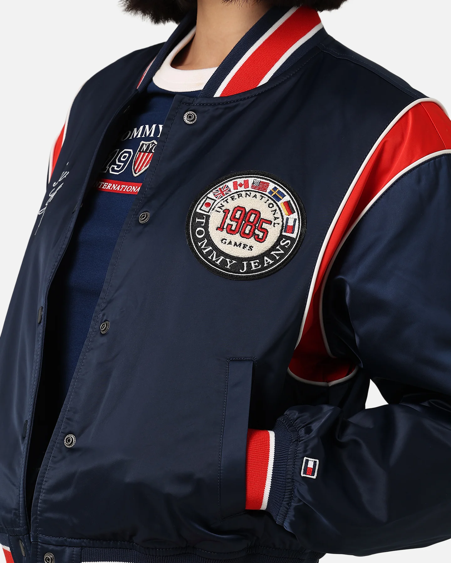 Tommy Jeans Women's TJW Archive Games Satin Bomber Jacket Twilight Indigo - Image 7