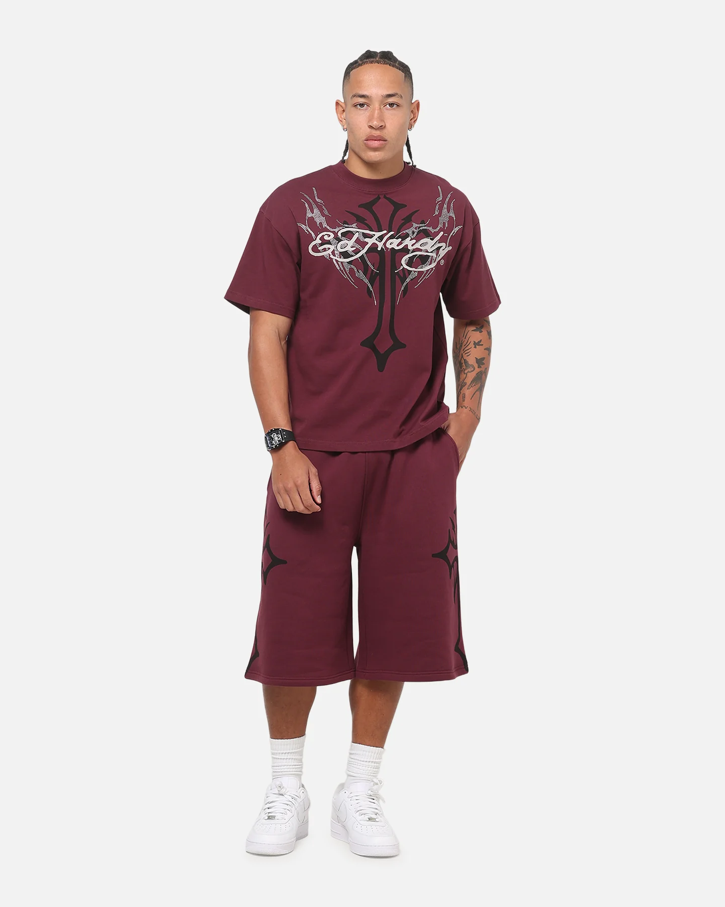 Ed Hardy Trinity Baggy Sweat Shorts Plum - Image 2