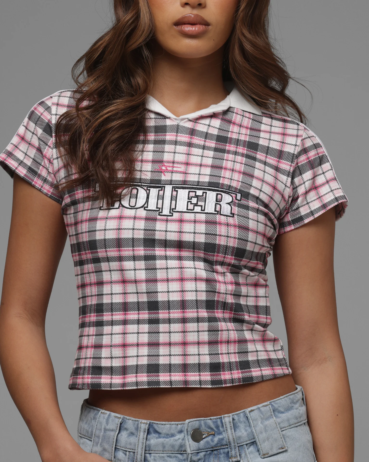Loiter Women's Unity Crop T-Shirt Pink Plaid - Image 6