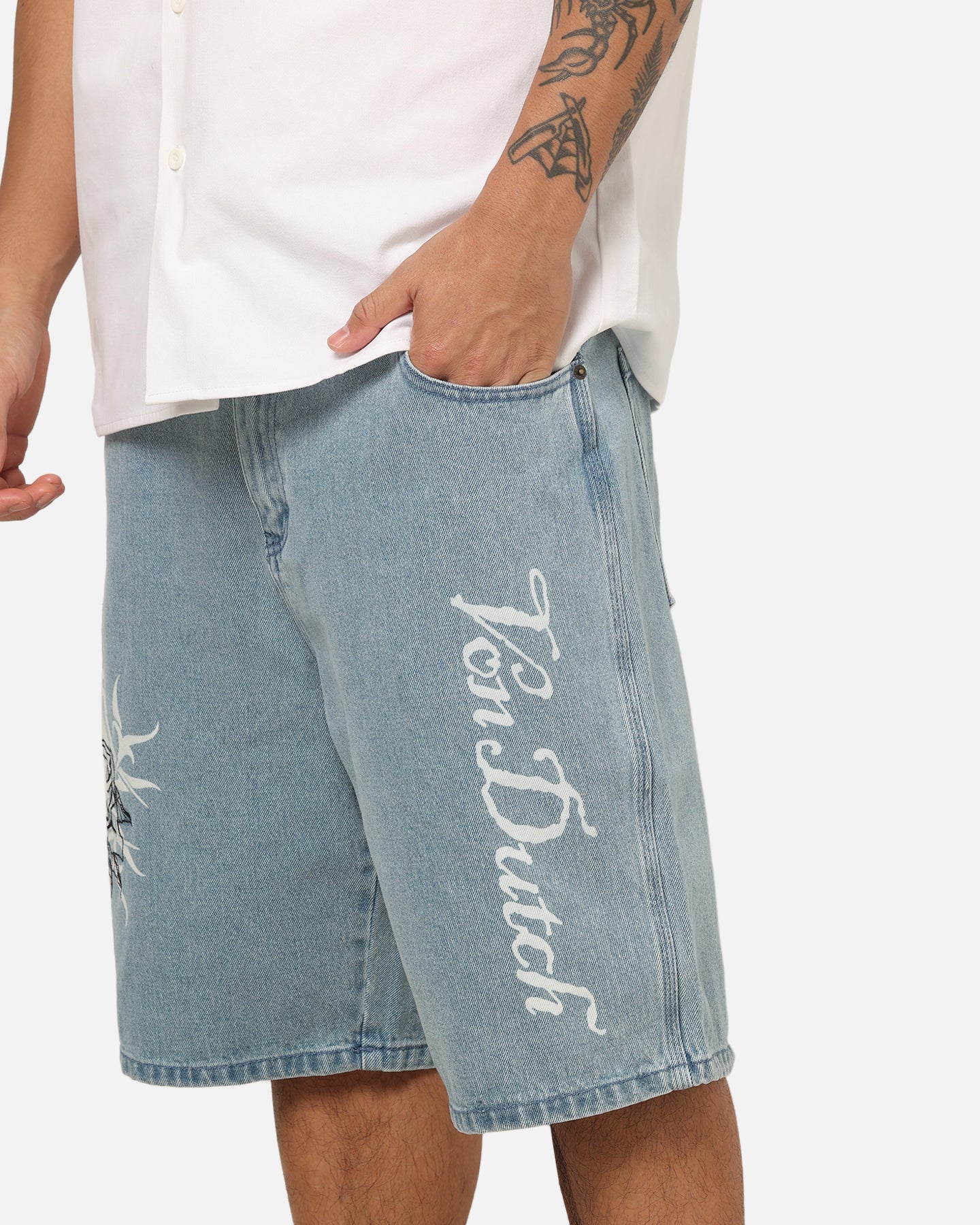 Von Dutch Skull Jean Shorts Mid Blue Denim - Image 3