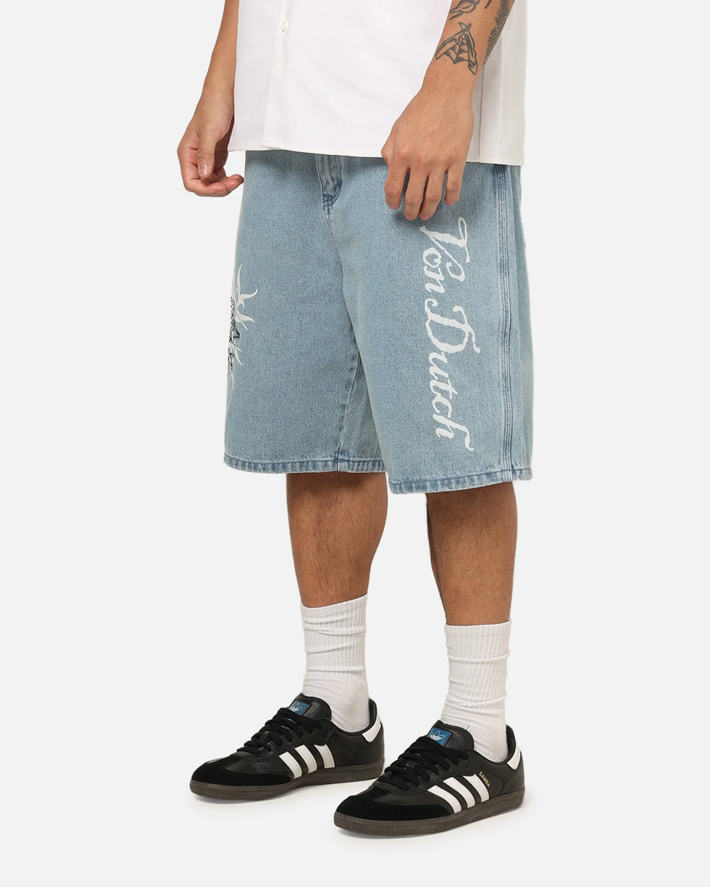 Von Dutch Skull Jean Shorts Mid Blue Denim - Image 6