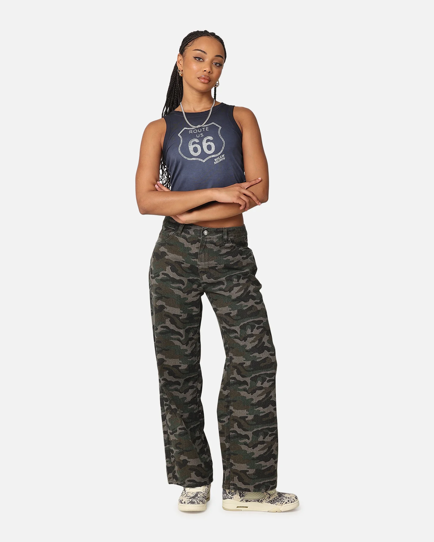 Willie Nelson Women's Route 66 Sunfade Cropped Tank Black Wash - Image 2