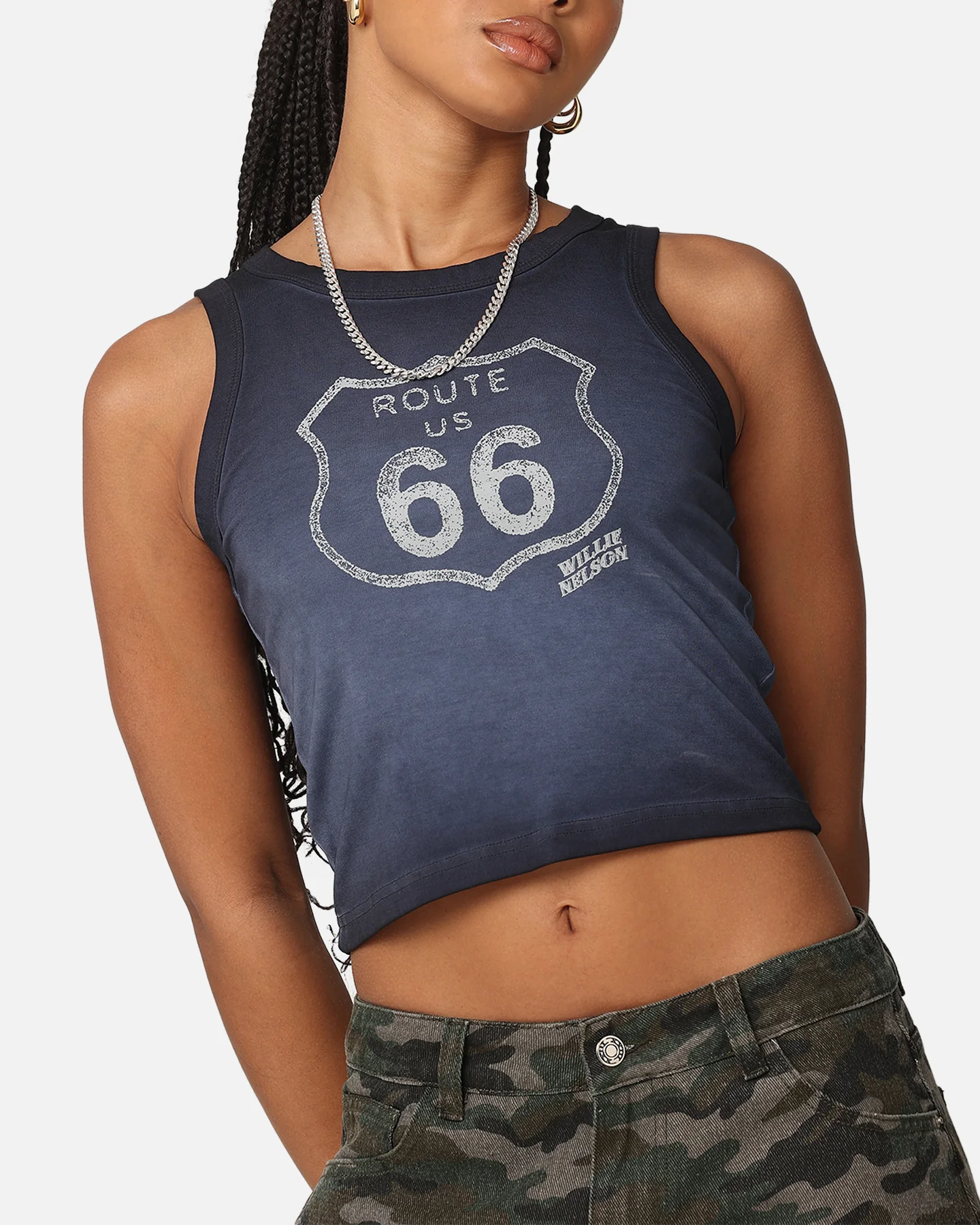 Willie Nelson Women's Route 66 Sunfade Cropped Tank Black Wash - Image 6