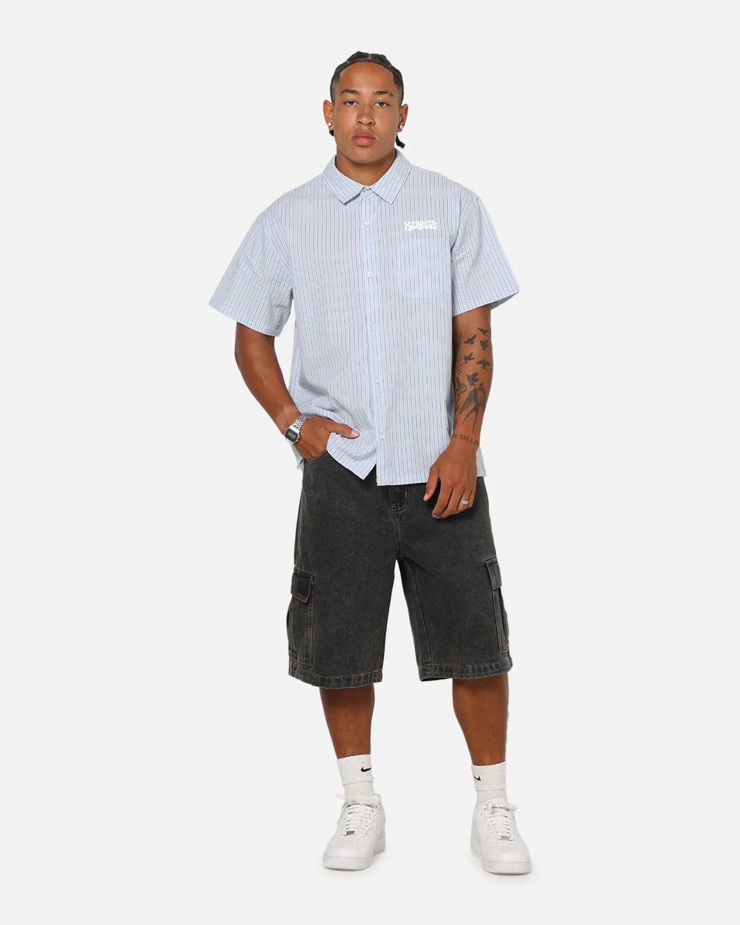 X-Large Drip Button Up Shirt Blue Stripe/White - Image 4