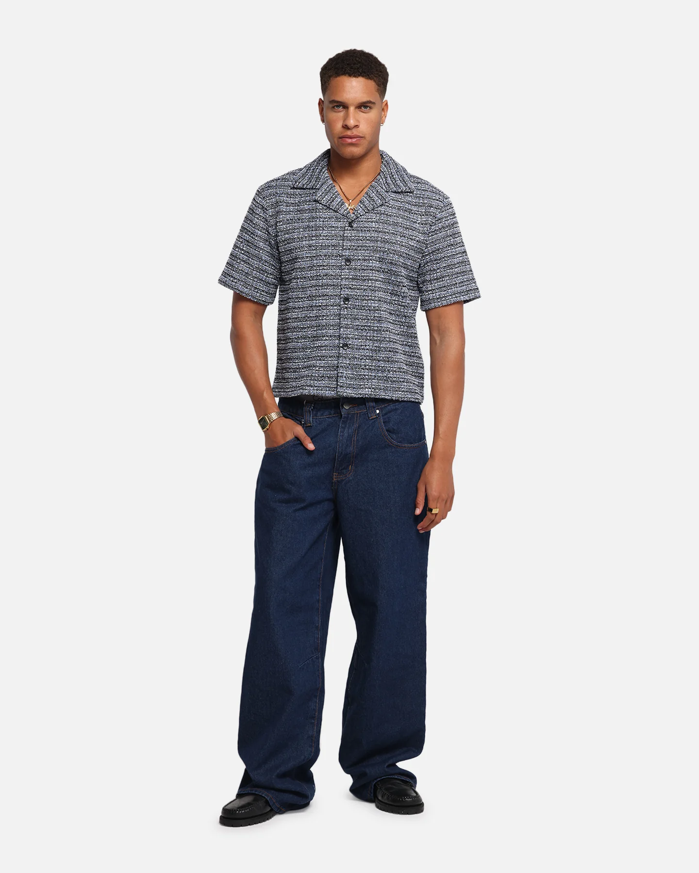 XXIII Boucle Tweed Crop Button Up Shirt Black/White/Blue - Image 2