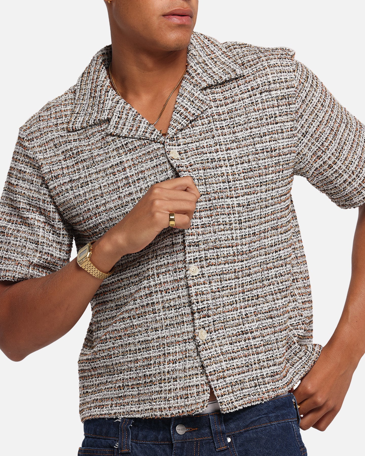 XXIII Boucle Tweed Crop Button Up Shirt Cream/Brown - Image 6