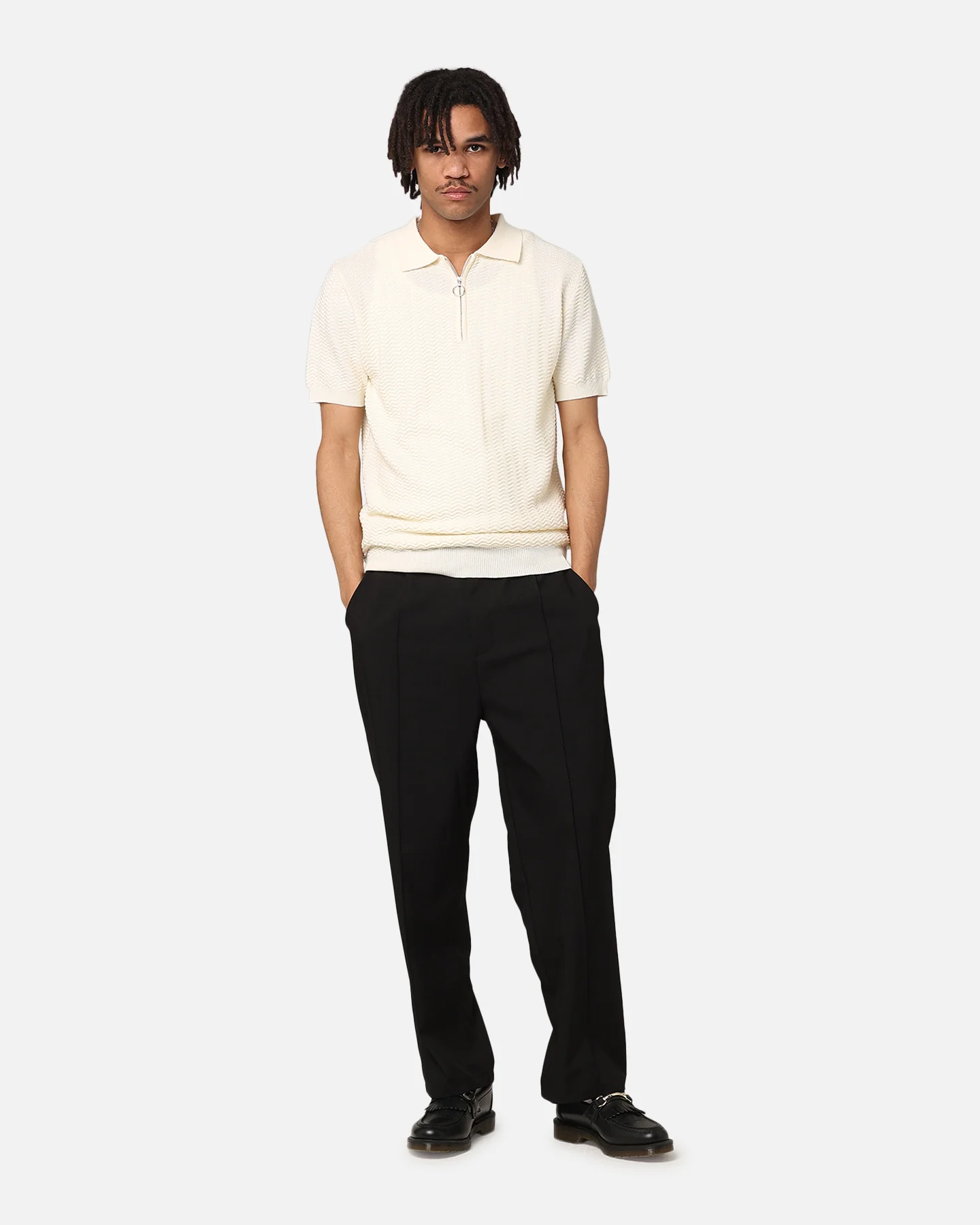 XXIII Herringbone Quater Zip Polo Shirt Cream - Image 2
