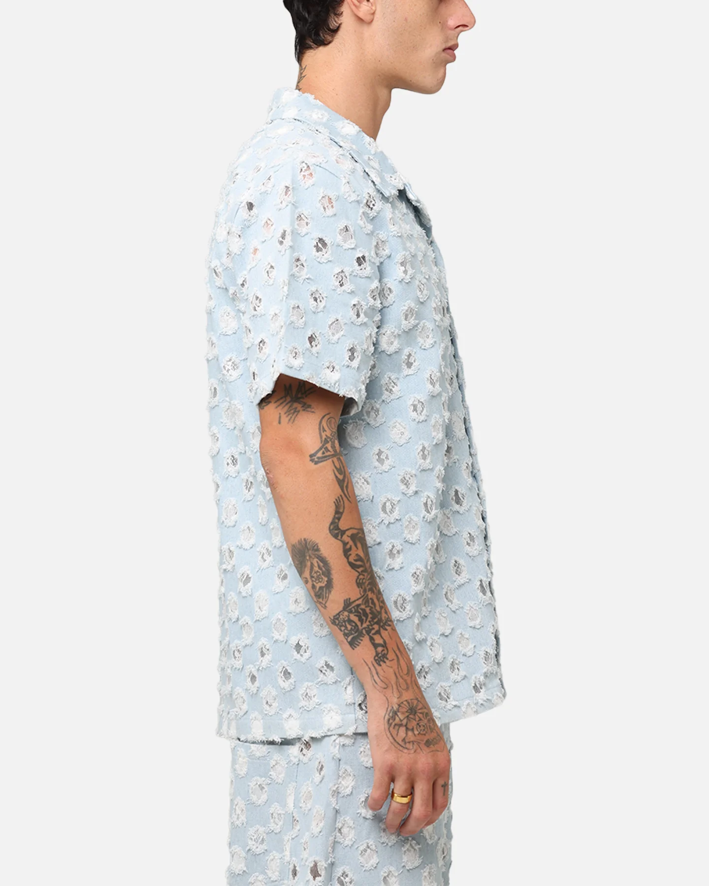 XXIII Lace Textured Denin Button Up Shirt Light Blue - Image 4
