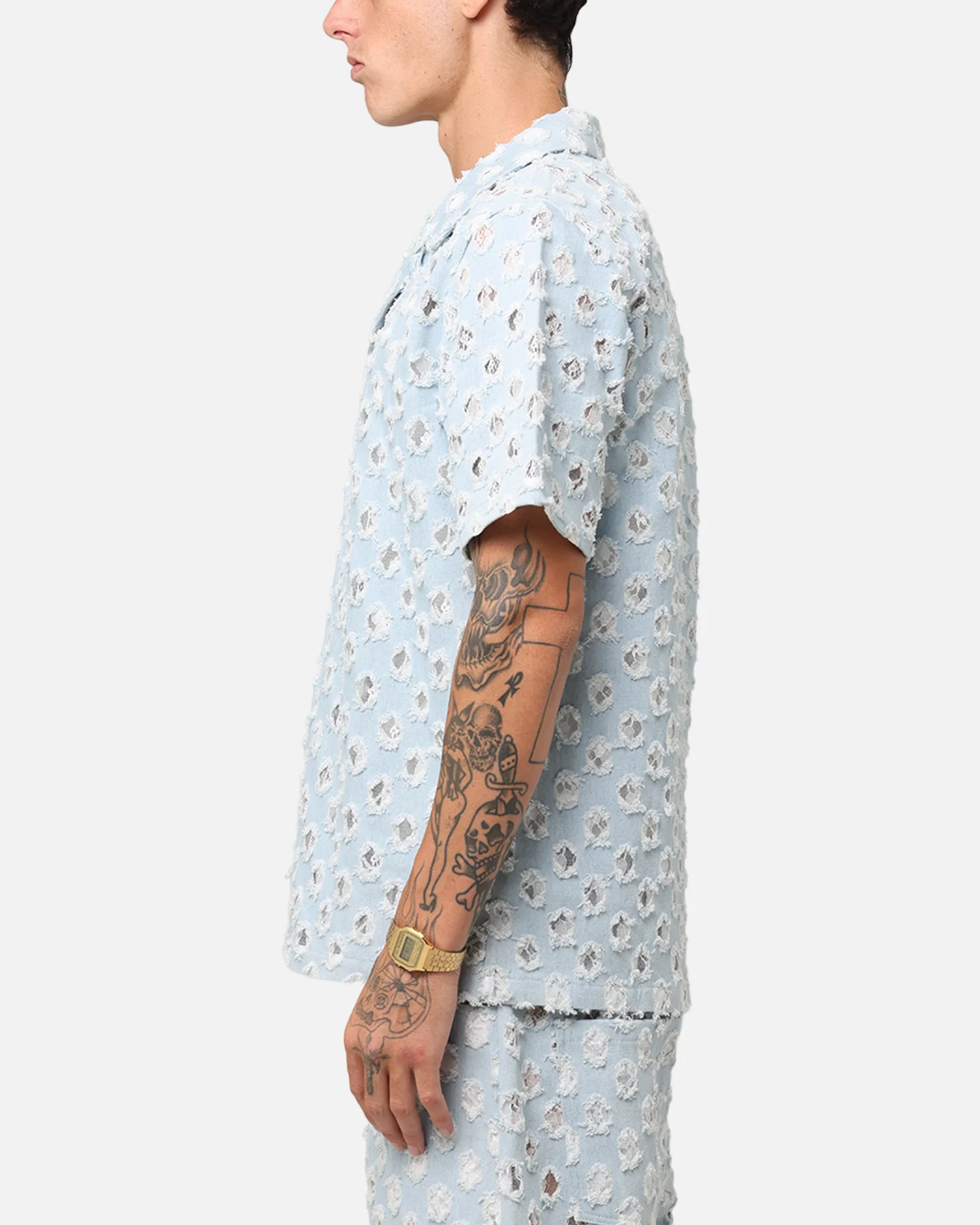 XXIII Lace Textured Denin Button Up Shirt Light Blue - Image 5