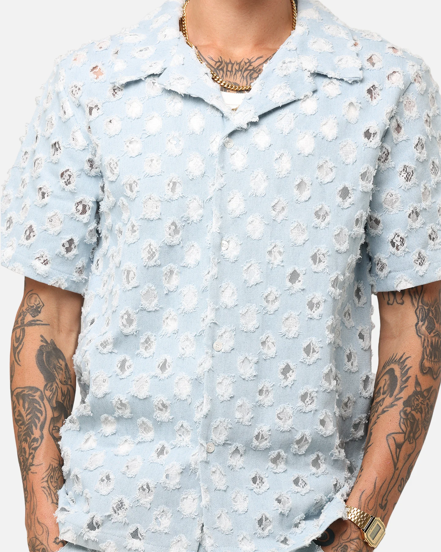 XXIII Lace Textured Denin Button Up Shirt Light Blue - Image 6
