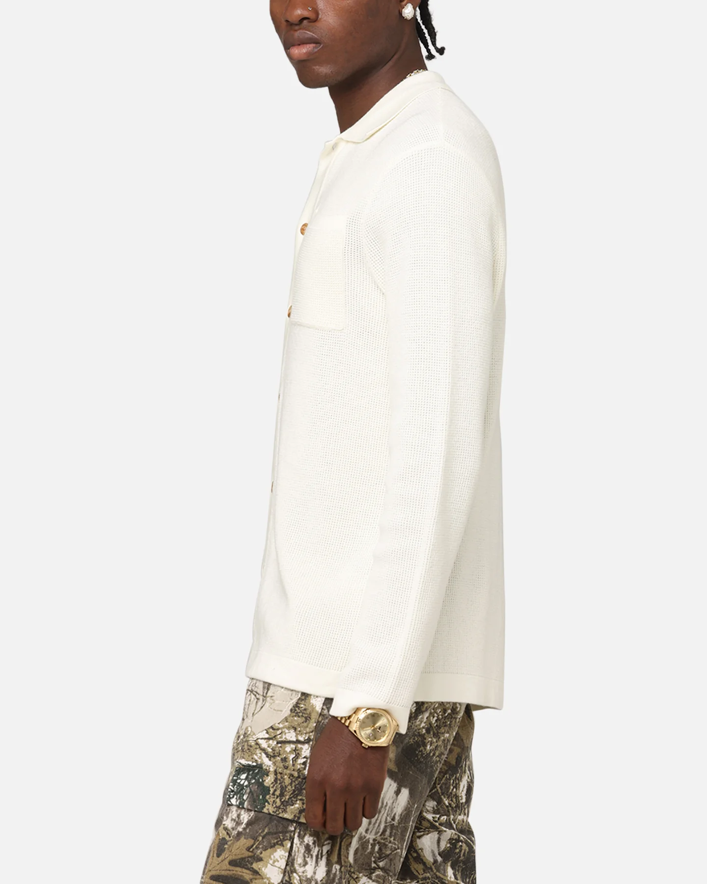 XXIII Zyair Knit Rib Long Sleeve Button Up Shirt Cream - Image 5